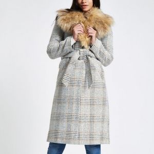 River Island Belted Coat with Fur Collar